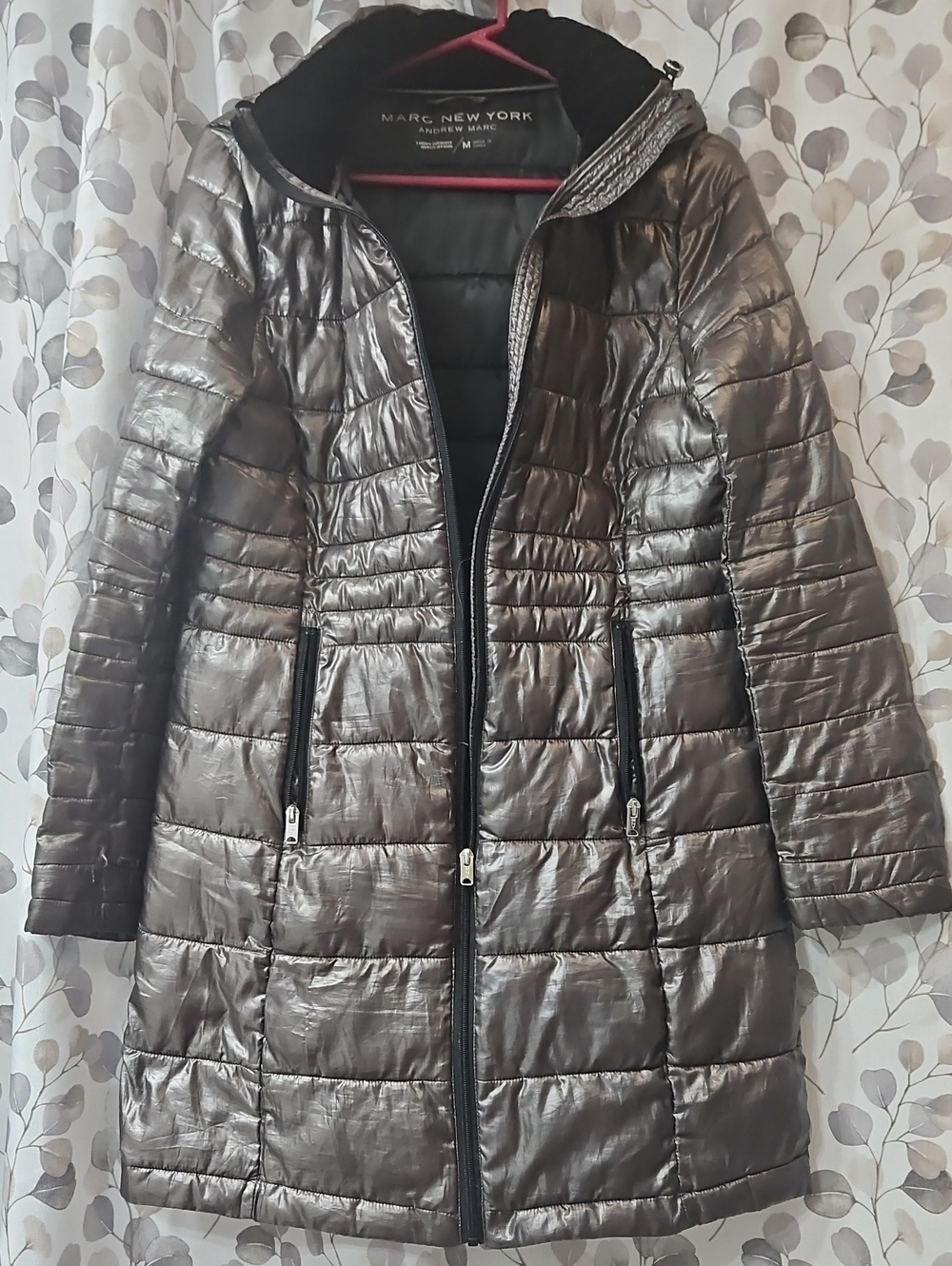 Marc New York Shiny Charcoal Quilted Puffer Coat with Hood